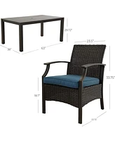 Mondawe Wicker Formal Dinning Table and Seating Arm Chair Set With Blue Cushions In Metal Frame (Set of 7)
