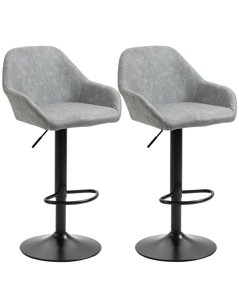 Homcom Set of 2 Pu Adjustable Swivel Bar Stool Chairs W/ Footrest for Kitchen, Grey