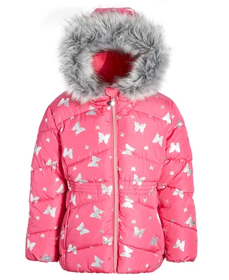 S Rothschild & Co Toddler Little Girls Foil Quilted Puffer Coat With Faux-Fur Trim