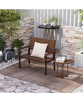 Outdoor All Weather Bench with Solid Rubber Wood Frame and Hand Woven Pu Leather-Brown