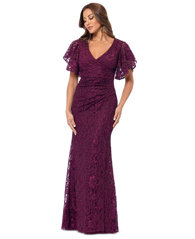 Betsy & Adam Women's Eyelash-Lace Flutter-Sleeve Long Dress