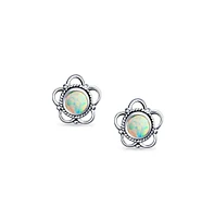 Bling Jewelry Bali Indonesian Tiny Open Flower Synthetic Opal Stud Earrings For Women Oxidized Sterling Silver