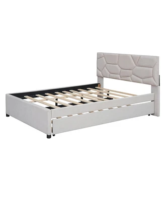 Simplie Fun Full Size Upholstered Platform Bed With Brick Pattern Headboard And Twin Size Trundle