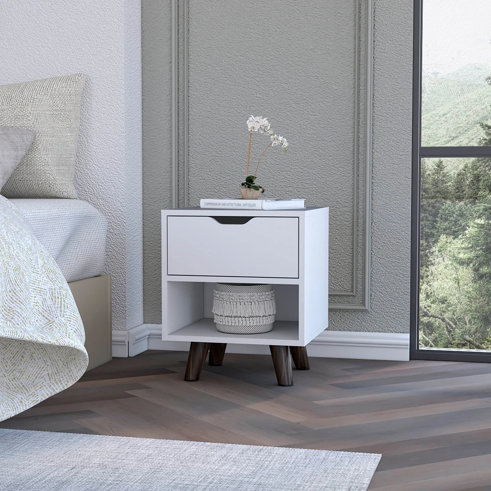 Fm Furniture Carthage Nightstand with 1-Drawer, 1-Open Storage Shelf and Wooden Legs