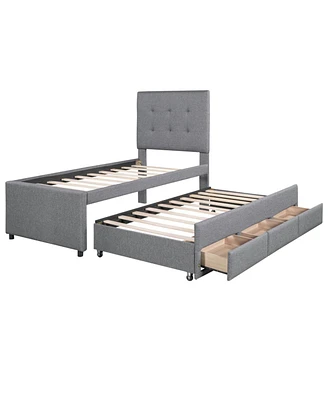 Streamdale Furniture Twin Size Upholstered Platform Bed With Pull-Out Twin Size Trundle And 3 Drawers