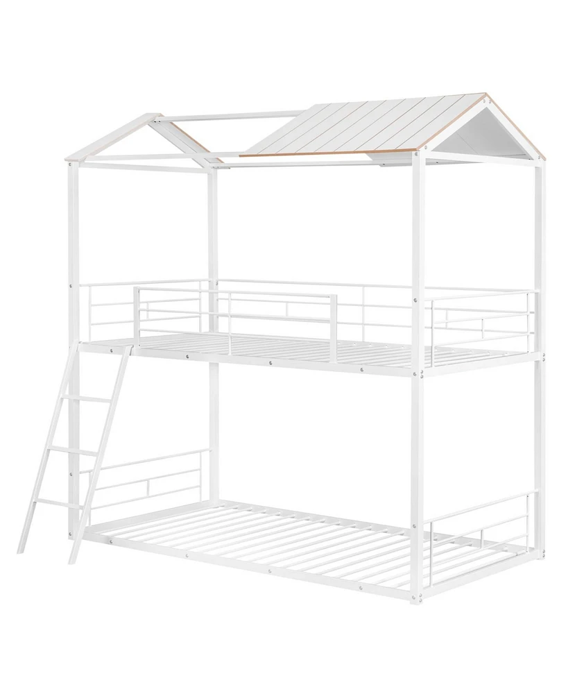 Simplie Fun Twin Over Twin Bunk Bed Metal Bed With Half Roof, Guardrail And Ladder