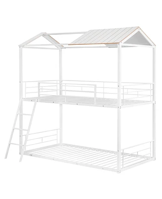 Simplie Fun Twin Over Twin Bunk Bed Metal Bed With Half Roof, Guardrail And Ladder