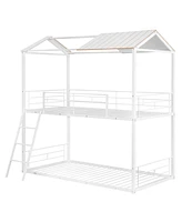 Simplie Fun Twin Over Twin Bunk Bed Metal Bed With Half Roof, Guardrail And Ladder