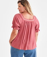 Style & Co Plus Puff-Sleeve Crochet-Trim Top