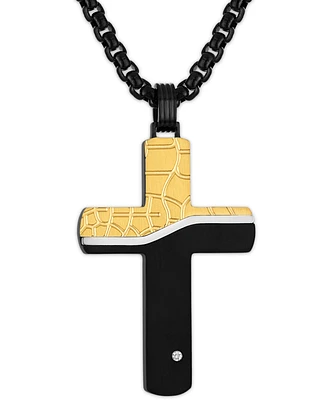 Esquire Men's Jewelry Diamond Accent Two-Tone Cross 22" Pendant Necklace in Black- & Gold-Tone Ion-Plated Stainless Steel, Created for Macy's