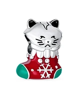 Bling Jewelry Christmas Holiday Set of 3 Fun Animal Pet Kitten in Stocking Cat Snowflake Candy Cane Charm Bead Enamel Sterling Silver Fits European Br