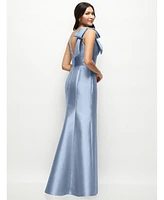 Alfred Sung Women's Deep V-back Satin Trumpet Dress with Cascading Bow at One Shoulder