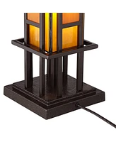 Prairie Style Mission Rustic Pillar Accent Table Lamp Bronze Iron Column Hand-Cut Amber Stained Art Glass for Living Room Bedroom House Bedside Nights