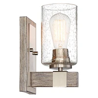 Poetry Rustic Farmhouse Industrial Wall Sconce Lighting Gray Wood Finish Grain Brushed Nickel Hardwired 9" High Fixture Seedy Glass for Bedroom Bathro