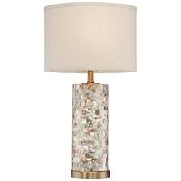 Margaret Coastal Accent Table Lamp 23" High Mother of Pearl Tile Cylinder Glass Cream Linen Fabric Drum Shade for Living Room Bedroom Beach House Beds