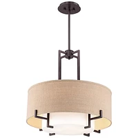Concentric Bronze Pendant Chandelier Lighting 25" Wide Farmhouse Rustic White Glass Burlap Drum Shade 4-Light Fixture for Dining Room Living House Hom