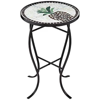 Beige Pineapple Modern Black Metal Round Outdoor Accent Side Table 14" Wide Black Glass Mosaic Tabletop Gracefully Curved Legs for Front Porch Patio H