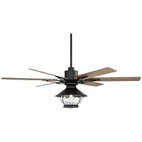 Casa Vieja 60" Expedition Modern Outdoor Ceiling Fan with Led Light Remote Control Matte Black Oak Wood Lantern Shade Damp Rated for Patio Exterior Ho