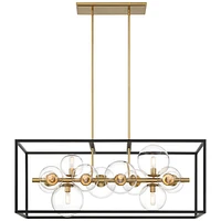 Possini Euro Design Fitzgerald Matte Black Gold Linear Pendant Chandelier 38" Wide Mid Century Modern Open Rectangular Frame Clear Globe Glass 12-Ligh