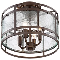 Franklin Iron Works ElWood Finish Rustic Industrial Ceiling Light Semi-Flush Mount Fixture Oil Rubbed Bronze 13 1/4" Wide Water Glass Drum for House B