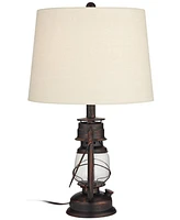 Murphy Rustic Industrial Accent Table Lamp Miner Lantern 23" High Red Bronze Clear Glass Oatmeal Fabric Drum Shade for Living Room Bedroom House Bedsi