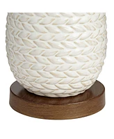 Kingston Mid Century Modern Table Lamp 32 3/4" Tall White Grooved Patterned Ceramic Taupe Drum Shade for Bedroom Living Room House Bedside Nightstand