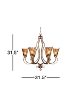 Franklin Iron Works Amber Scroll Golden Bronze Silver Large Chandelier 31 1/2" Wide Rustic Art Glass 6-Light Fixture for Dining Room House Foyer Entry