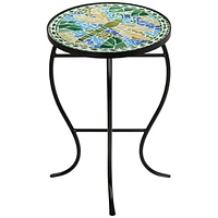 Dragonfly Modern Black Metal Round Outdoor Accent Side Table 14" Wide Blue Green Mosaic Tile Inlay Tabletop Gracefully Curved Legs for Spaces Porch Pa