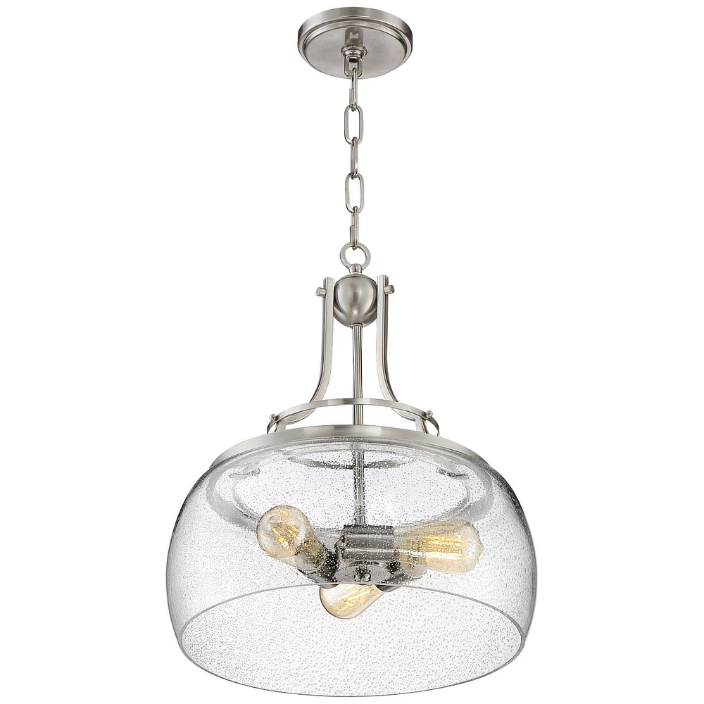 Franklin Iron Works Charleston Satin Nickel Pendant Chandelier 16" Wide Rustic Farmhouse Seeded Clear Glass Led 3