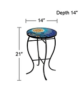 Ocean Scene Modern Black Metal Round Outdoor Accent Side Tables 14" Wide Set of 2 Set of 2 Blue Mosaic Tile Tabletop Gracefully Curved Legs for Spaces