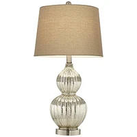Lili 25" High Fluted Modern Country Cottage Table Lamp Silver Mercury Glass Single Beige Shade Living Room Bedroom Bedside Nightstand House Office Hom
