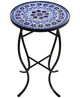 Cobalt Modern Black Metal Round Outdoor Accent Side Tables 14" Wide Set of 2 Light Blue Mosaic Tile Tabletop Gracefully Curved Legs for Spaces Po
