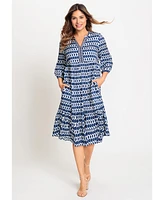 Olsen Women's 100% 3/4 Sleeve Tunic Geo Print Dress with Tiered Hem