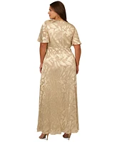 Adrianna Papell Plus Size Foil Leaf Flutter-Sleeve Draped Gown