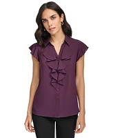 Calvin Klein Women's Collared Ruffled Short-Sleeve Blouse