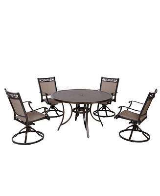 Mondawe 5-Piece Cast Aluminum Outdoor Dining Set with Round Umbrella Table, Swivel Sling Chairs