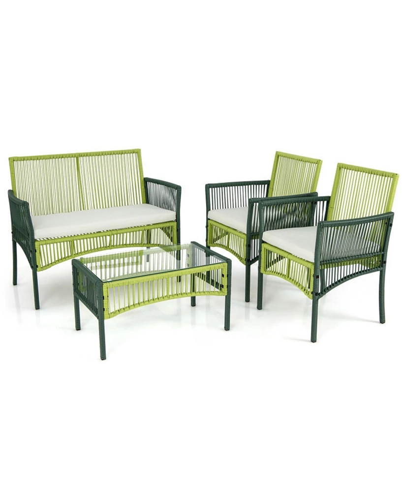 Sugift 4 Piece Patio Round Wicker Conversation Set