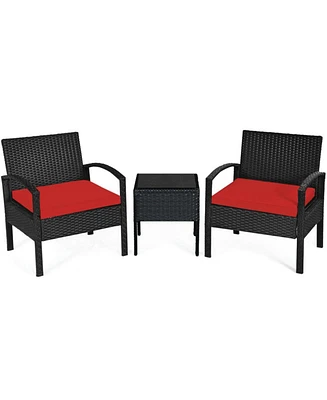 Sugift 3 Pieces Outdoor Rattan Patio Conversation Set with Seat Cushions