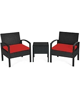 Sugift 3 Pieces Outdoor Rattan Patio Conversation Set with Seat Cushions