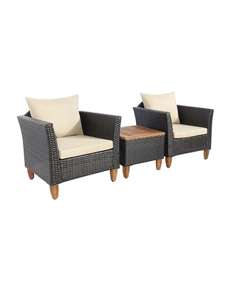 Sugift 3 Pieces Patio Rattan Bistro Furniture Set with Wooden Table Top