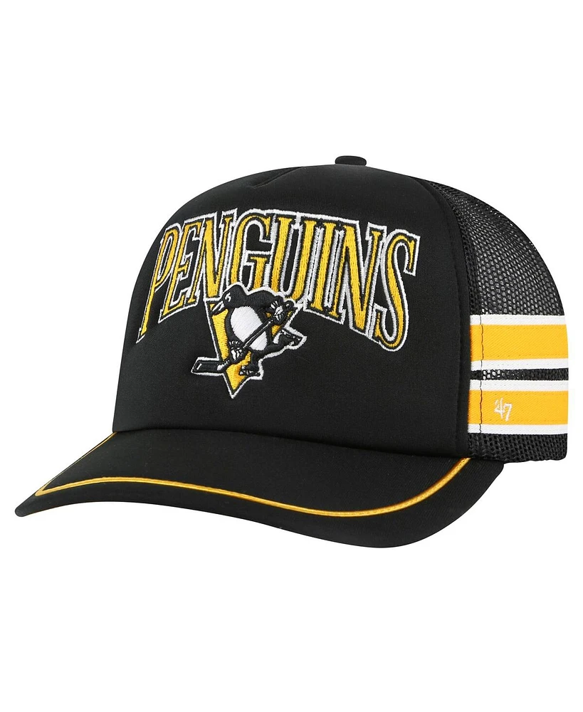 '47 Brand Men's Black Pittsburgh Penguins Sideband Stripes Trucker Snapback Hat