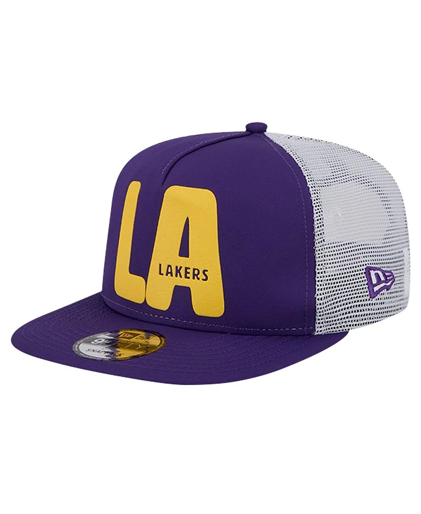 New Era Men's Purple Los Angeles Lakers Puff Print Team Code A-Frame 9FIFTY Trucker Snapback Hat