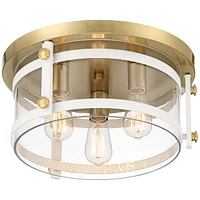 Franklin Iron Works Davis Modern Industrial Ceiling Light Flush-Mount Fixture 15.5" Wide Gold White 3-Light Led Clear Glass Shade for Bedroom Kitchen