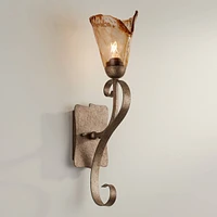 Franklin Iron Works Amber Scroll Rustic Wall Sconce Lighting Golden Bronze Metal Hardwired 23 1/2" High Fixture Amber Art Glass Decor for Bedroom Bath