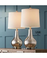 360 Lighting Ledger Modern Accent Table Lamps 21.75" High Set of 2 with Usb Charging Port Mercury Glass Off White Drum Shade Decor for Living Room Des