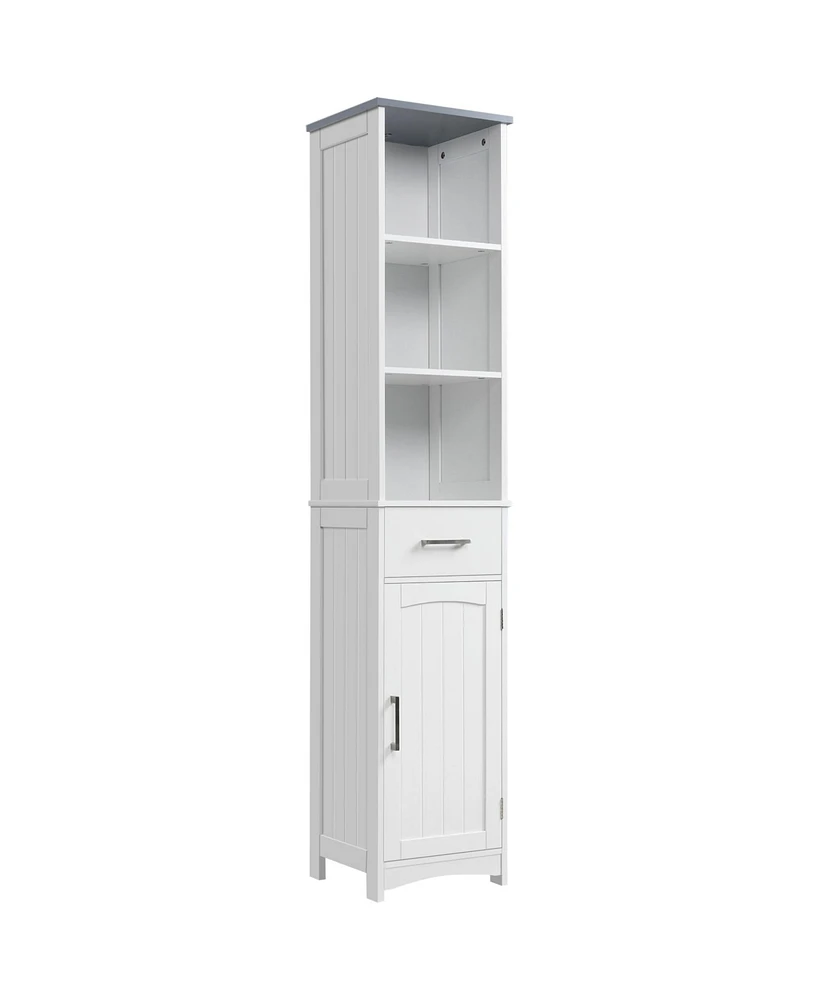 Kleankin Tall Bathroom Storage Cabinet with 3 Tier Shelf, Cupboard, Drawer, Door, Freestanding Linen Tower, Slim Side Organizer, White