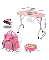 Byootique Folding Manicure Table Nail Polish Carrying Case with Built-in Dust Collector Lockable Wheel for Nail Beauty Spa Salon Home, Pink