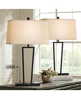 360 Lighting Cole Modern Minimalist Table Lamps 27" Tall Set of 2 with Usb Charging Ports Black Metal White Rectangular Shade for Living Room Bedroom