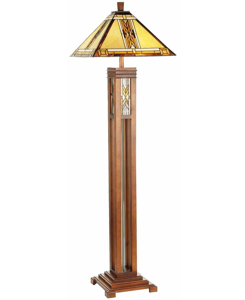 Robert Louis Tiffany Mission Rustic Tiffany Style Floor Lamp with Night Light 62.5" Tall Walnut Wood Column Square Geometric Stained Glass Shade Decor