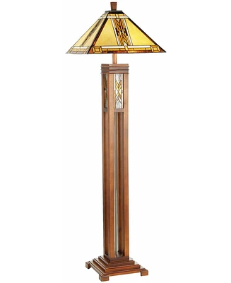 Robert Louis Tiffany Mission Rustic Tiffany Style Floor Lamp with Night Light 62.5" Tall Walnut Wood Column Square Geometric Stained Glass Shade Decor